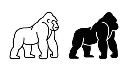 Fototapeta premium Powerful standing gorilla icons, black silhouette and outline graphic illustrations of a wild ape