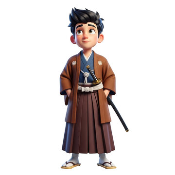 Stylized cartoon samurai warrior in traditional japanese attire with sword ready for action