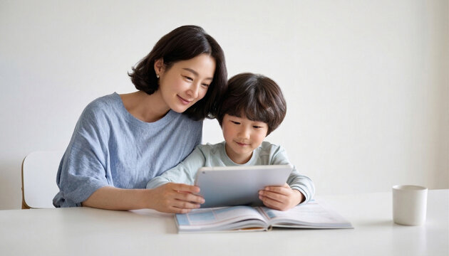 A mother and her young son sit together at home while learning with a tablet.