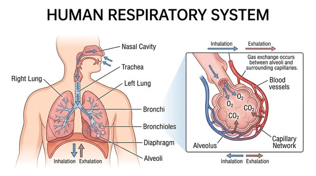 Human respiratory system medical illustration isolated on transparent background
