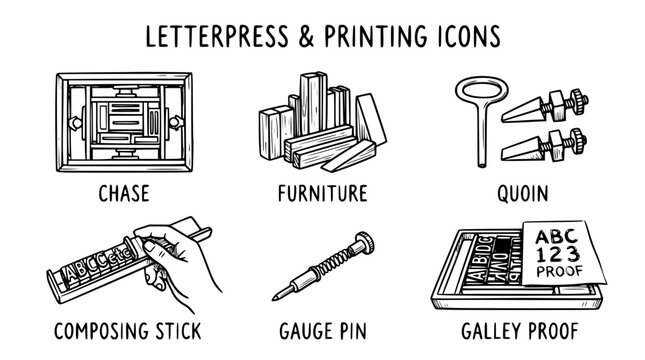 Hand drawn letter press printing object icons chase furniture quoin composing stick gauge pin galley proof, black ink sketch vector illustration