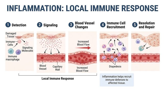 Inflammation local immune response vector illustration chart diagram showing tissue damage, signaling, blood vessel changes, recruitment and repair isolated on transparent background