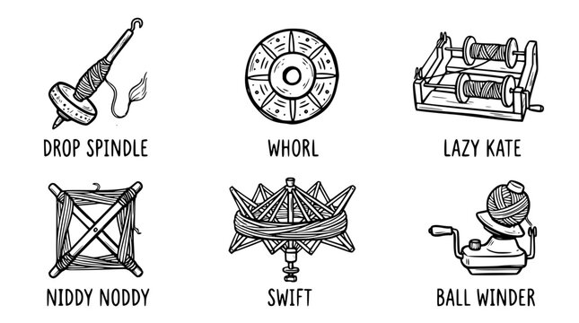 Hand drawn spinning fibre art object icons drop spindle whorl lazy kate niddy noddy swift ball winder, black ink sketch vector illustration