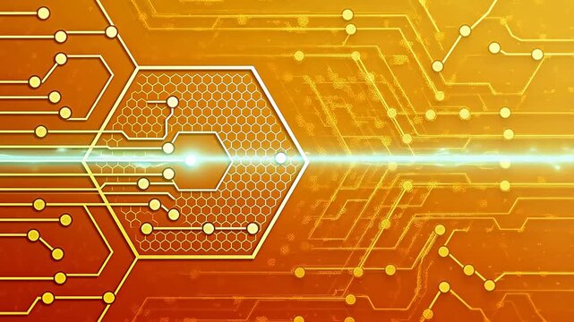 Abstract orange background with golden circuit lines and hexagonal nodes