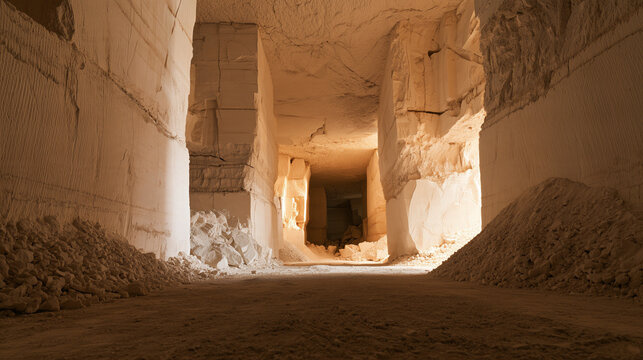 Quarry chamber with sawn pale limestone walls and a dusty floor