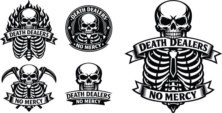 Skull Badge Logo Set, Flaming Skull, Ribcage, Scythe, And Ribbon Banner Text, Vintage Skull Logo, Motorcycle Club And Biker Emblem Design