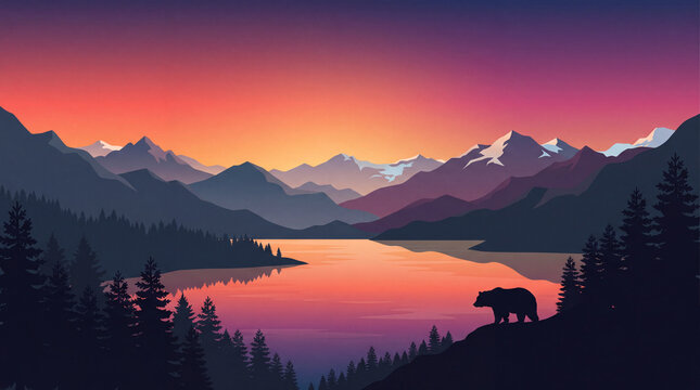 Minimalist Vector Landscape with Bear Silhouette and Mountain Sunset