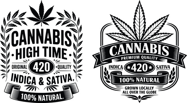 Vintage Cannabis High Time Label Set with Marijuana Leaf 420 Indica Sativa Ribbon Banner and Wheat Wreath for Dispensary Branding