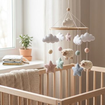 Baby Crib Mobile Close-Up with Colorful Hanging Nursery Toy Detail