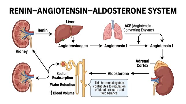 Renin-angiotensin-aldosterone system medical diagram isolated on transparent background