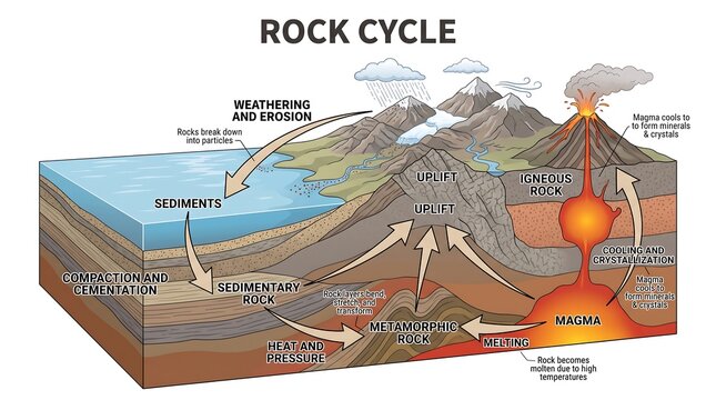 Rock cycle diagram educational illustration showing geological processes