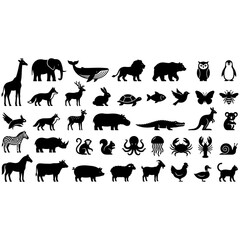 Fototapeta premium Mixed Animals, Wildlife and Marine Life Silhouette Solid Glyph Icon Set, Pet and Farm Vector Collection