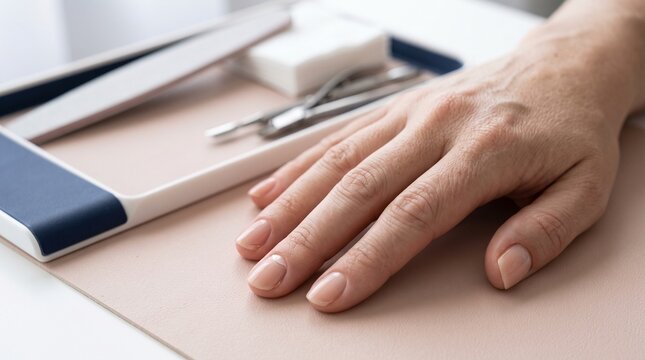 Woman hand with natural manicure resting on a salon table near professional tools nail care beauty treatment salon service beauty routine