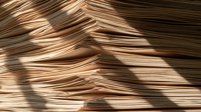 Stack of warped plywood offcuts seen edge on in pale layers
