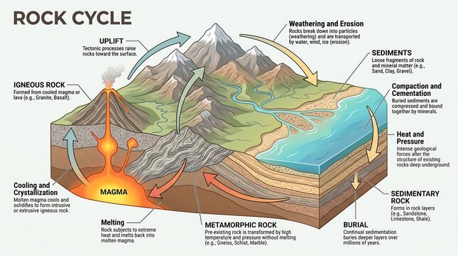 Rock cycle diagram educational illustration showing geological processes, magma, and sedimentation