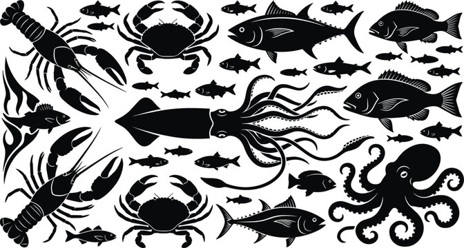 Ocean seafood collage background displaying solid black silhouettes of lobster squid crab fish and octopus