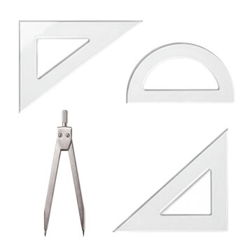 Drafting tools set with compass, protractor, and geometric triangles