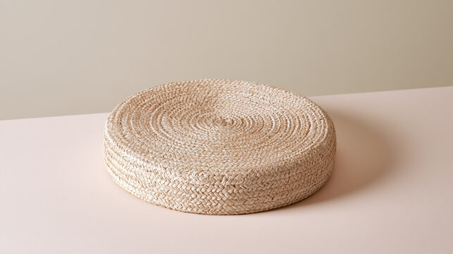 Single woven raffia basket lid on a plain pastel surface