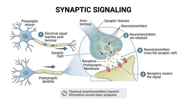 Synaptic signaling vector illustration isolated on transparent background showing neuron action