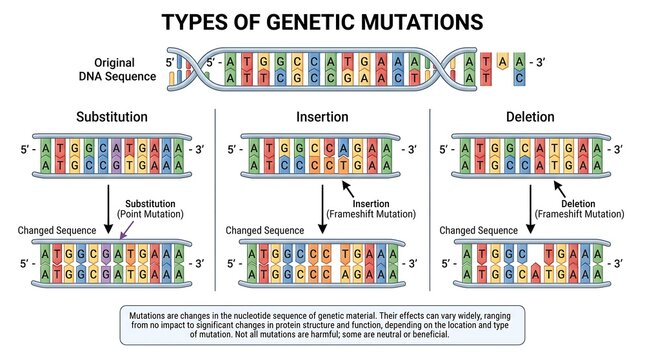 Types of genetic mutations vector diagram isolated on transparent background showing substitution insertion and deletion in DNA sequence