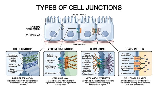 Cell junctions vector illustration isolated on transparent background showing tight junction, adherens junction, desmosome, and gap junction anatomy