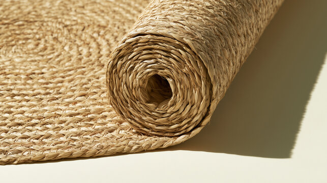 Plain woven esparto grass mat roll on a pastel surface
