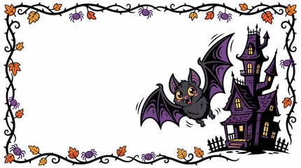 Fototapeta premium Cartoon bat flying near whimsical purple haunted house with autumn border decorations with spread flying