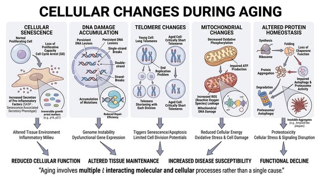 Cellular changes during aging infographic diagram vector illustration on white background