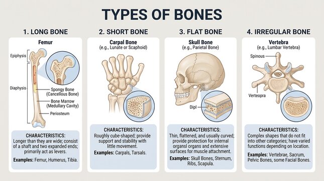 Types of bones educational chart infographic isolated on transparent background