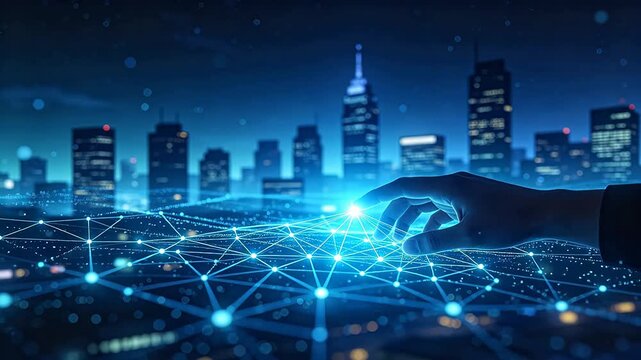 Hand touching digital network nodes over illuminated city skyline