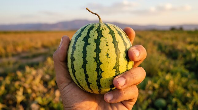Person holding a small fresh organic watermelon in their palm against a blurred agricultural field during a golden sunset