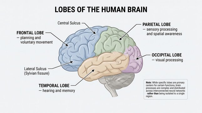 Brain lobes medical diagram isolated on transparent background showing frontal, parietal, temporal, and occipital regions