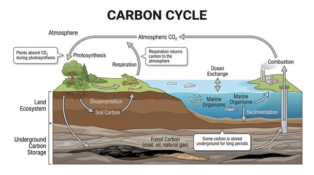 Carbon cycle diagram vector illustration explaining atmospheric carbon, photosynthesis, and respiration