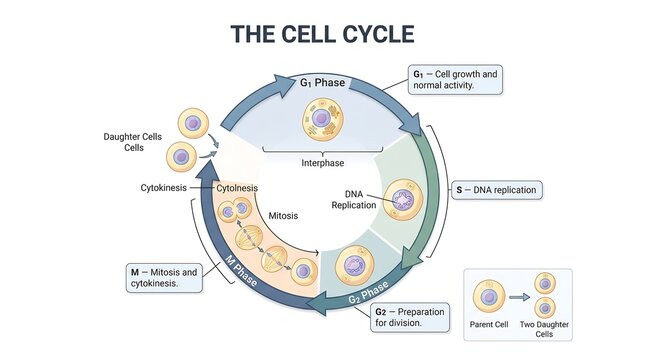 Cell cycle diagram scientific illustration showing interphase mitosis and cytokinesis phases isolated on white background