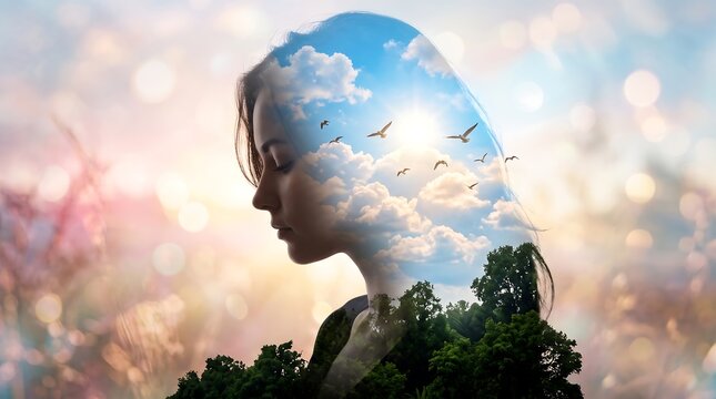 Double Exposure of Womans Silhouette with Sky and Forest Reflecting Inner Peace and Nature Connection.