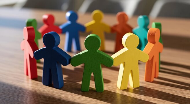 People and colorful wooden figures in a circle representing diversity unity community team work and cooperation