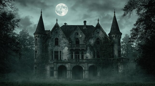 Mansion and dark castle in a spooky haunted forest with abandoned gothic architecture under a bright full moon fog