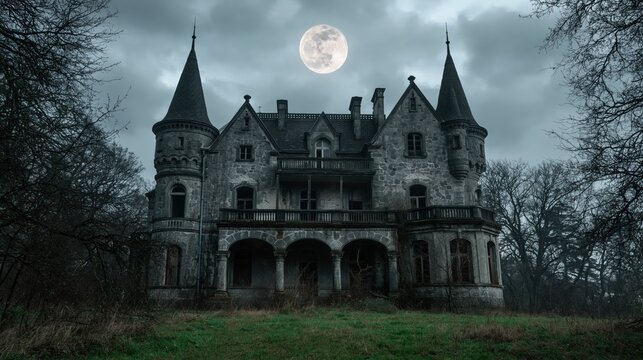 Mansion of a haunted gothic castle with dark abandoned architecture under a spooky full moon in the scary night sky