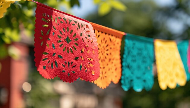 Papel picado flags hanging outdoors for a colorful mexican fiesta celebration with festive bunting party decoration