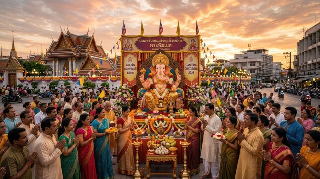 A grand temple courtyard filled with devotees celebrating ganesh chaturthi under a stunning sunset sky
