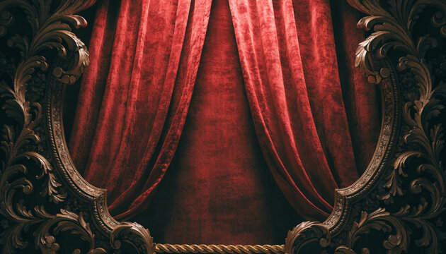 Vintage Red Velvet Stage Curtain Decorated with Antique Floral Frame