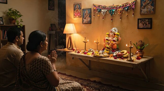 A vibrant ganesh chaturthi prayer scene with devotees offering prayers in a serene indoor setting