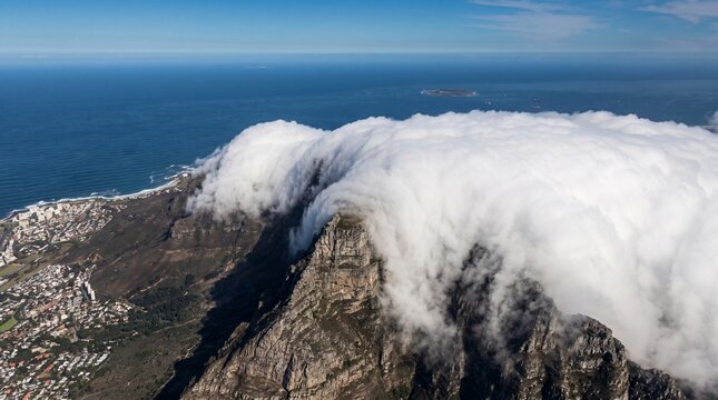 Aerial view of Table Mountain with a thick blanket of white clouds rolling over its flat summit toward the ocean