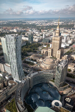 Warsaw, Poland - July 13, 2026: Palace of Culture and Science dominates the central Warsaw cityscape in a view from the Highline Warsaw observation deck at Varso Tower.