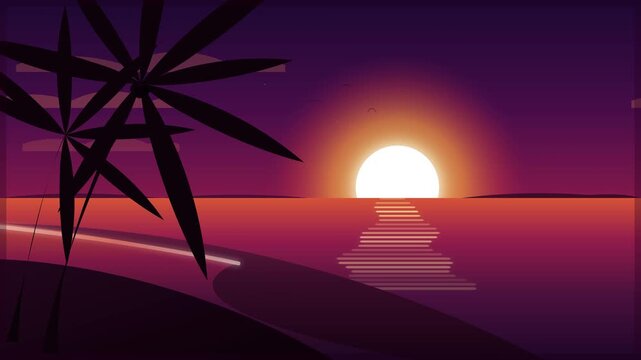 Stylized pixel art sunset over a tropical ocean with palm leaves