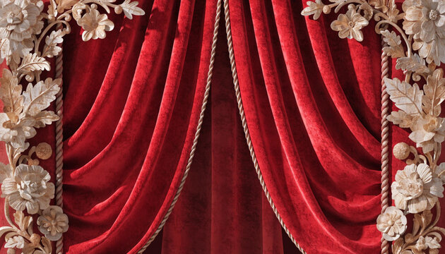 Vintage Red Velvet Stage Curtain Decorated with Antique Floral Frame