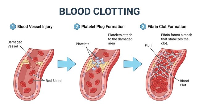 Blood clotting vector illustration isolated on transparent background showing vessel injury and platelet plug formation