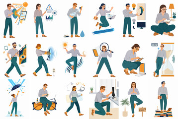 Fototapeta premium Vector Collection of Professional Characters Engaged in Data Analysis, Creative Thinking, Research, and Effective Business Time Management Strategies.