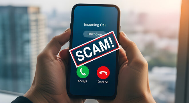 Smartphone screen displaying incoming unknown call with a red stamp labeled scam warning user alert
