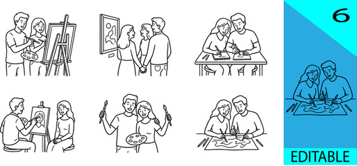 Fototapeta premium Set of six painting couple line art icons artist easel gallery portrait creative editable vector illustration